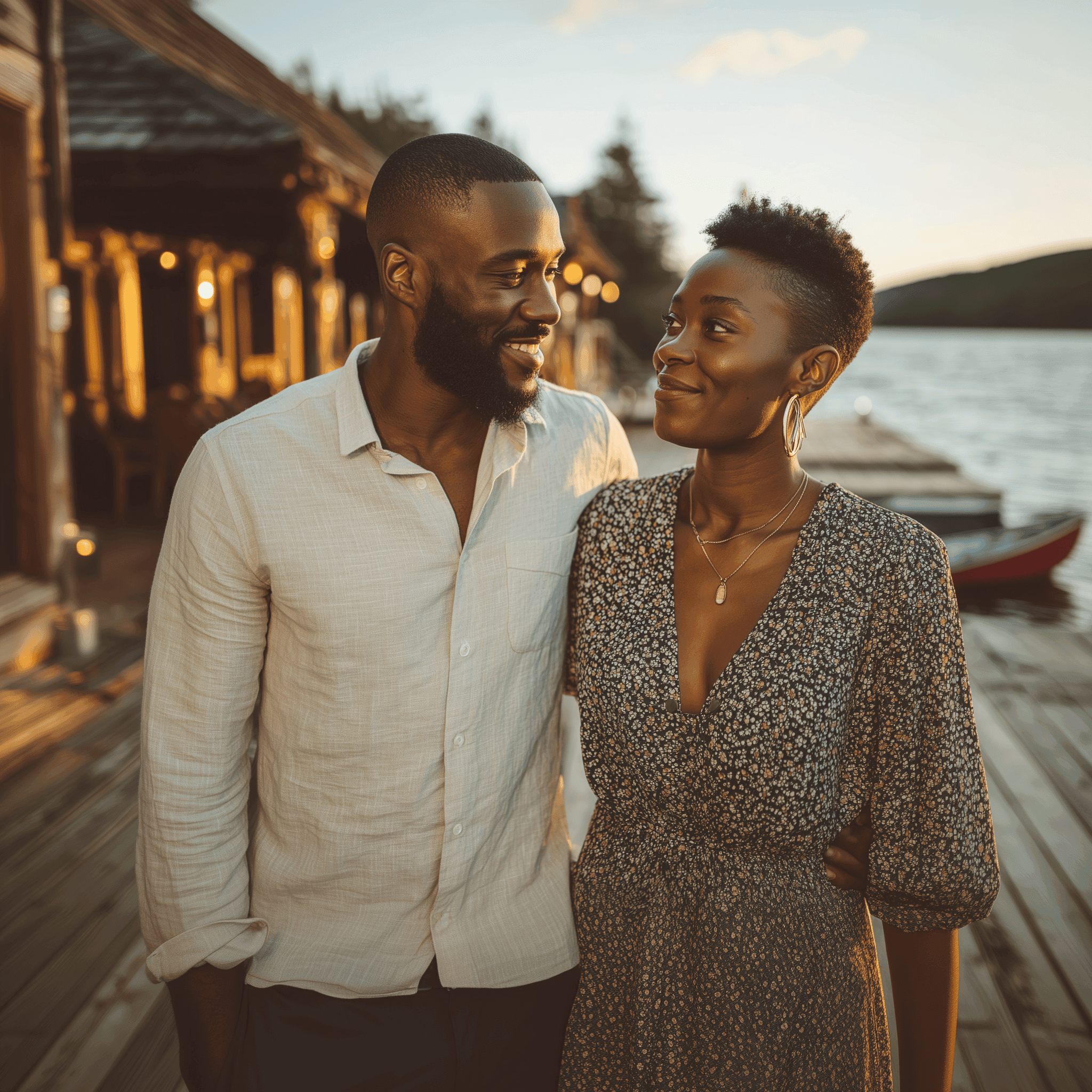 Couple smiling together on a lakeside boardwalk