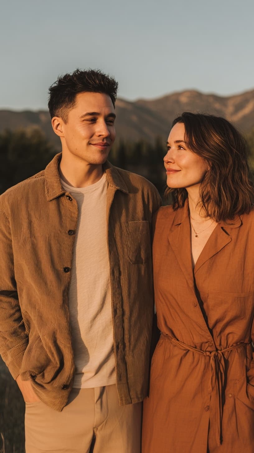 Couple standing together outdoors at sunset