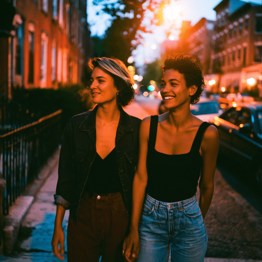 Two people walking together outdoors in a city